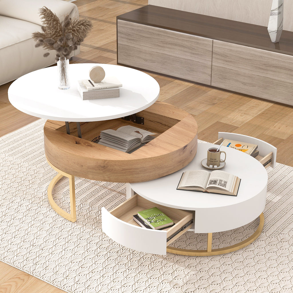 Modern Round Lift Top Nesting Coffee Tables With 2 Drawers White Natural - Home Decor & Storage | VELOURY LIVING