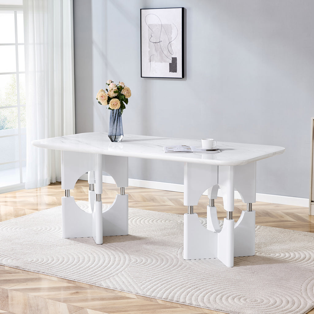 Modern Mdf Dining Table With White Marble Pattern Stylish Metal Hollow Frame Suitable For Compact Dining Tables In Small Space Homes Apartments - Home Decor & Storage | VELOURY LIVING