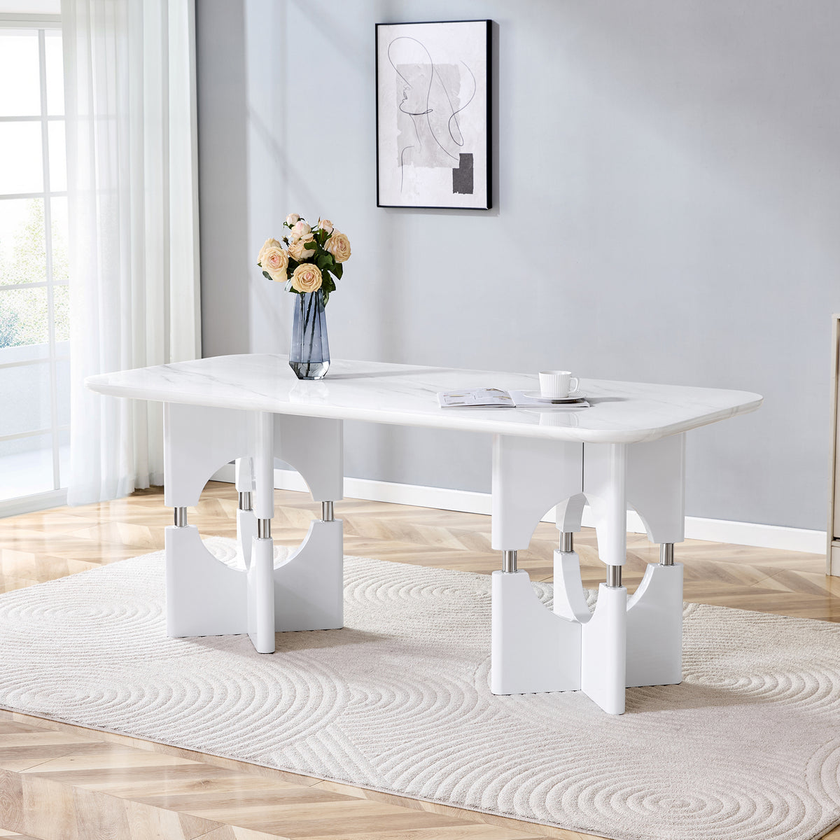 Modern Mdf Dining Table With White Marble Pattern Stylish Metal Hollow Frame Suitable For Compact Dining Tables In Small Space Homes Apartments - Home Decor & Storage | VELOURY LIVING