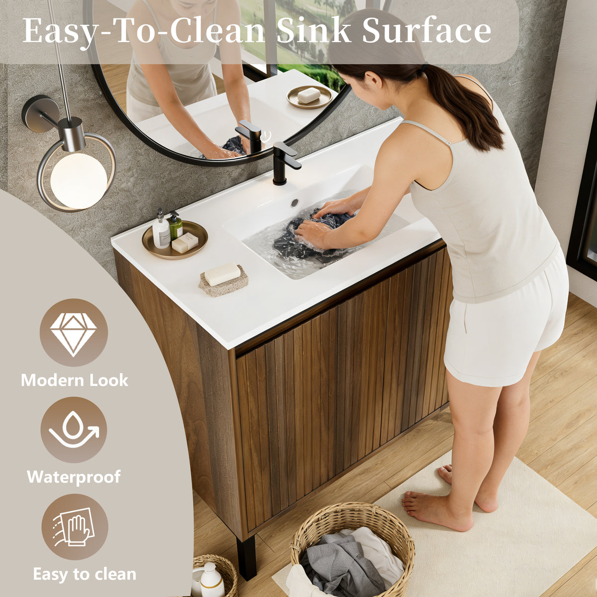 36 Inch Bathroom Vanity With Sink Floor Standing Structure For Stability Soft Closing Drawers For Noiseless Operation Sleek Oak Finish For Modern Aesthetic White Sink - Home Decor & Storage | VELOURY LIVING