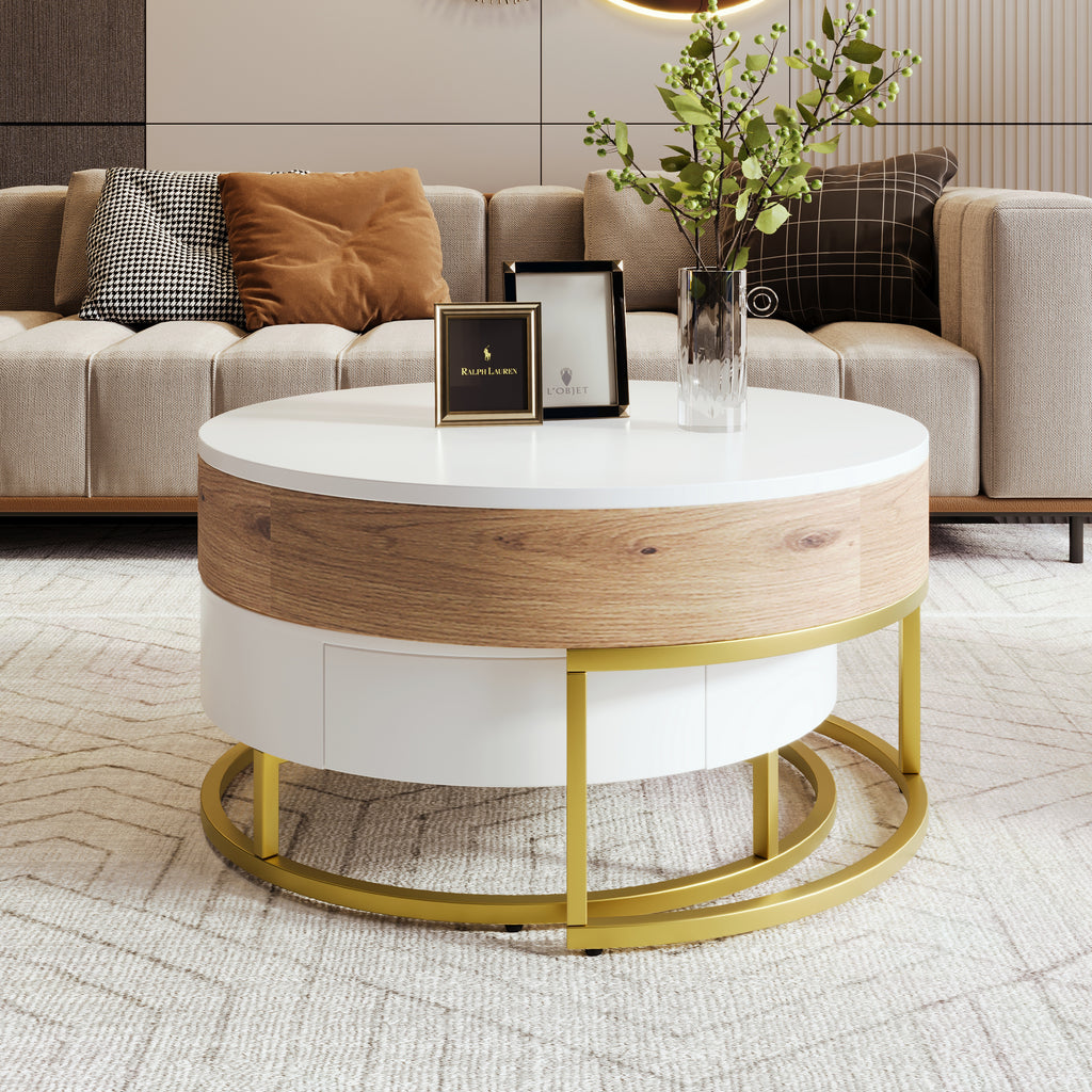 Modern Round Lift Top Nesting Coffee Tables With 2 Drawers White Natural - Home Decor & Storage | VELOURY LIVING