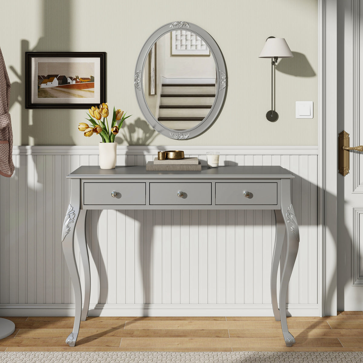 Luxury Makeup Vanity Desk With Oval Mirror 3 Drawer Dressing Table For Jewelry Storage Elegant Console Table For Entryway Living Room Bedroom Stylish Home Decor Silver - Home Decor & Storage | VELOURY LIVING