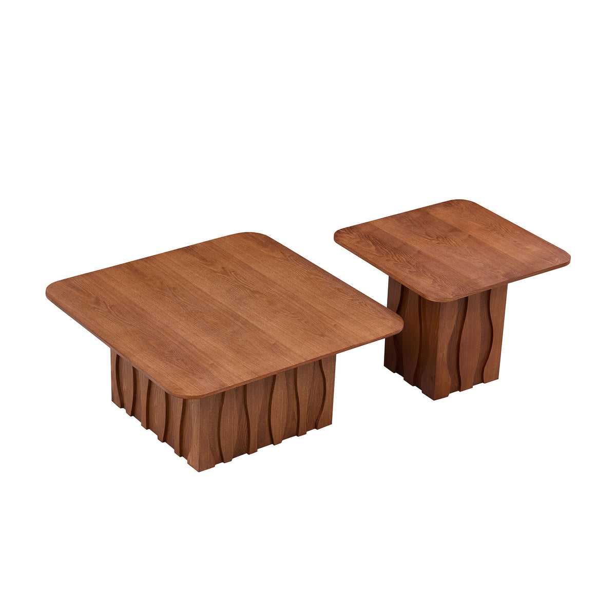 2Pcs Nesting Square Coffee Table Set For Living Room Mid Century Wavy Fluted Base Tables End Side Tables For Leisure Area Office Brown - Home Decor & Storage | VELOURY LIVING