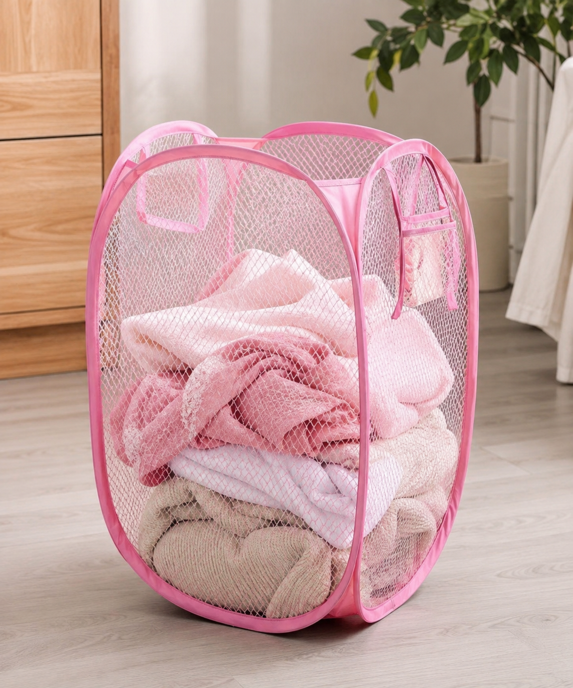 Pink Collapsible Mesh Pop-Up Laundry Hamper with Carry Handles