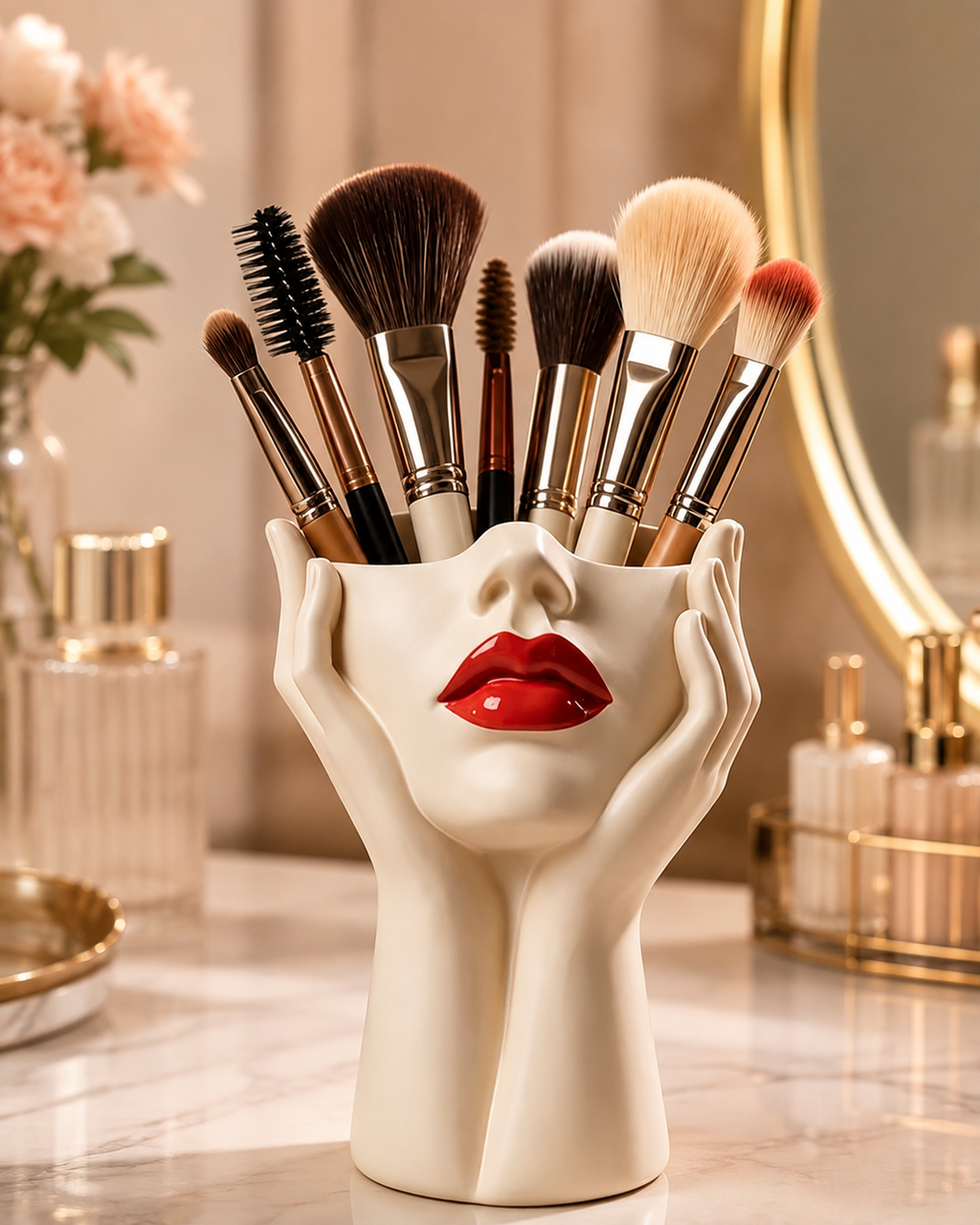 Sculptural Face Makeup Brush Holder – Decorative Vanity Organizer with Red Lips