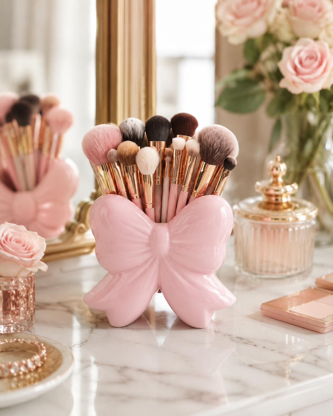 Bow-Shaped Makeup Brush Holder – Decorative Vanity Organizer, Pink or White