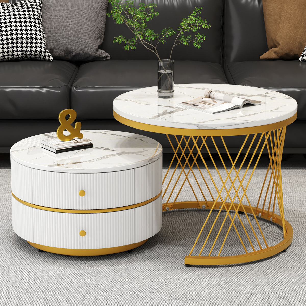 Elegant 2 Piece White Nest Shaped Coffee Table Set 60X60X46Cm 50X50X30 8Cm Round Tables With High Gloss Marble Look 2 Drawers Can Hold Up To 30Kg Nesting Combination Coffee Table - Home Decor & Storage | VELOURY LIVING
