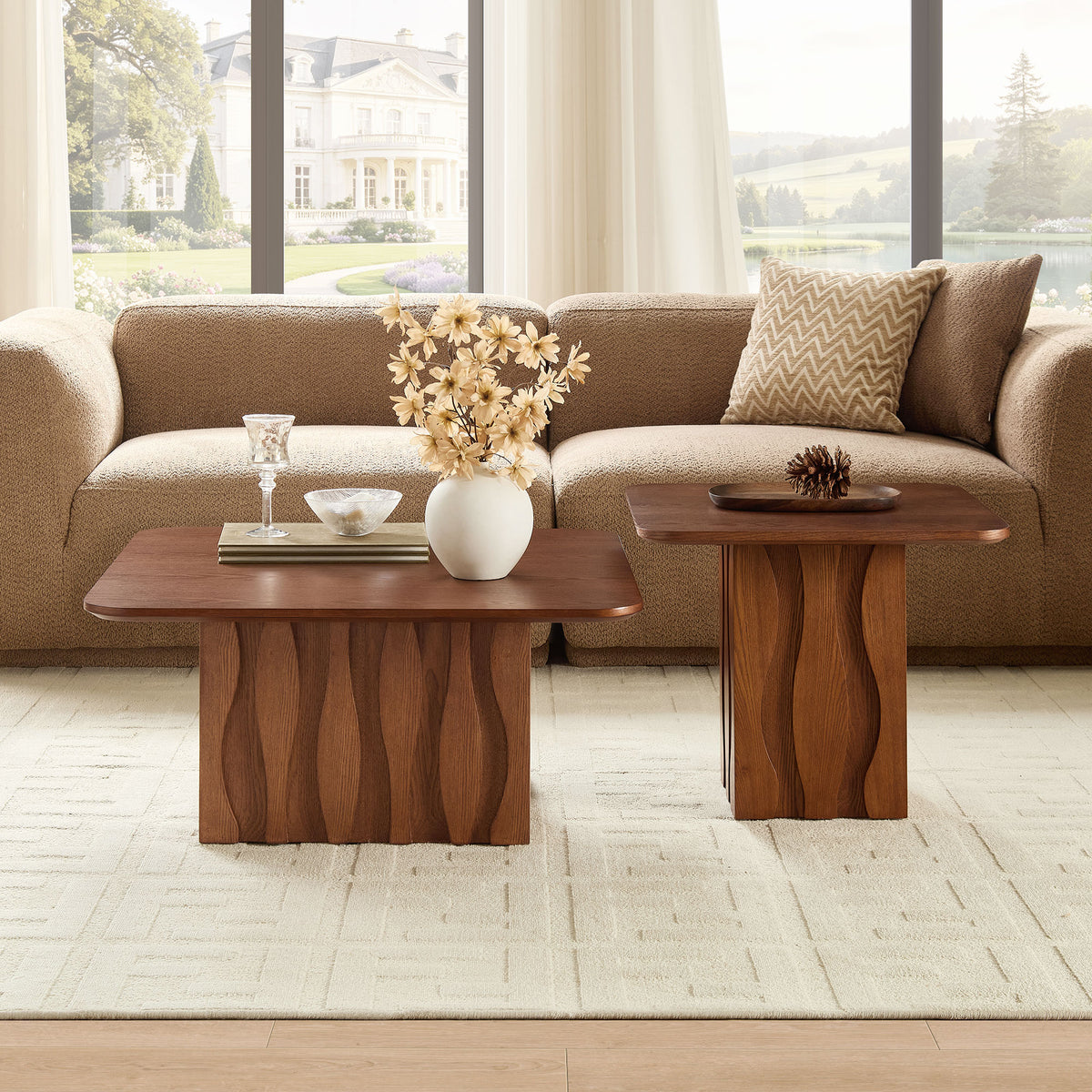 2Pcs Nesting Square Coffee Table Set For Living Room Mid Century Wavy Fluted Base Tables End Side Tables For Leisure Area Office Brown - Home Decor & Storage | VELOURY LIVING