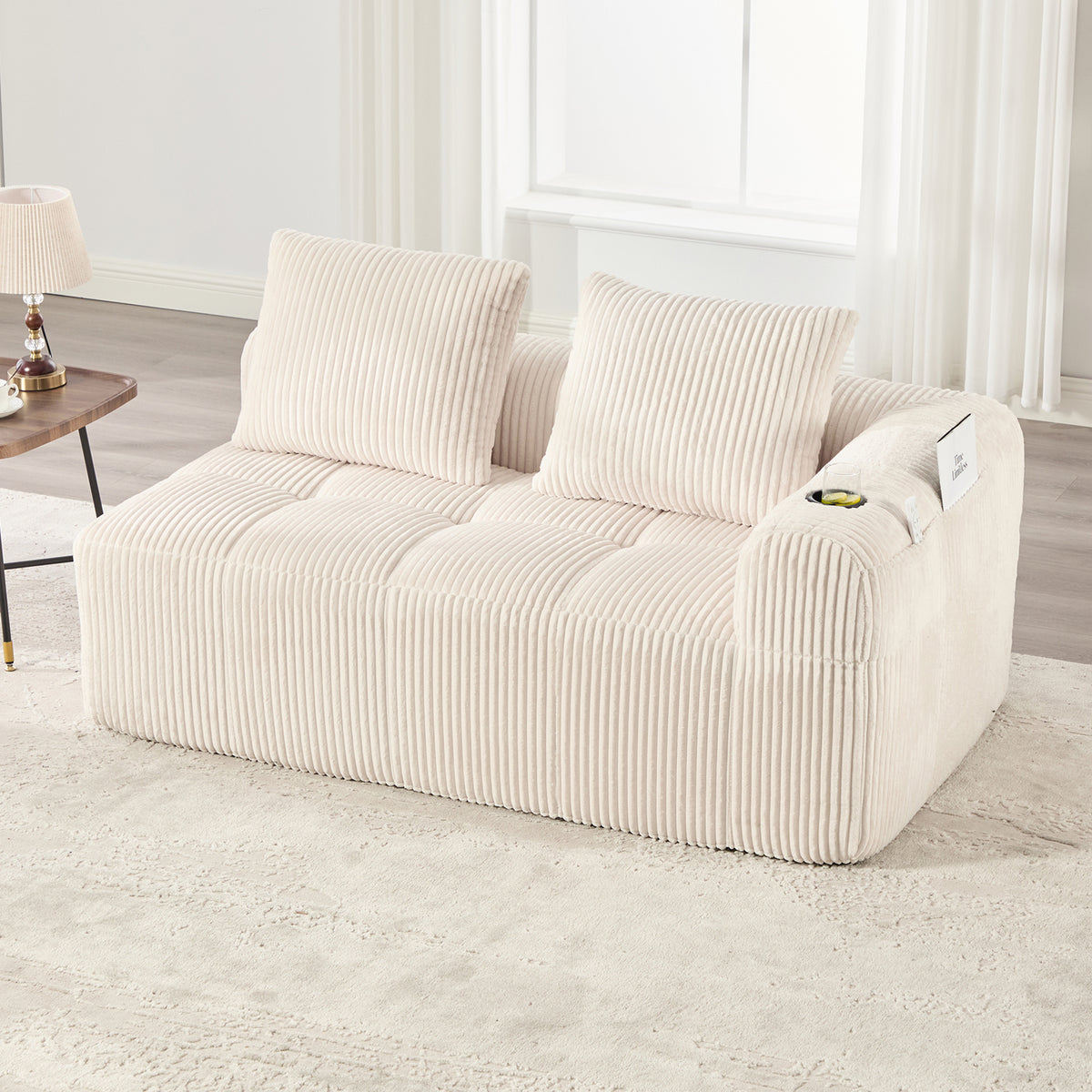 Cozy Corduroy Fabric Two Seater Sofa Without Assembly Soft Back Cushions Side Storage Pocket For Remote Control And Mobile Phone Integrated Cup Holder Neat And Aesthetic - Home Decor & Storage | VELOURY LIVING