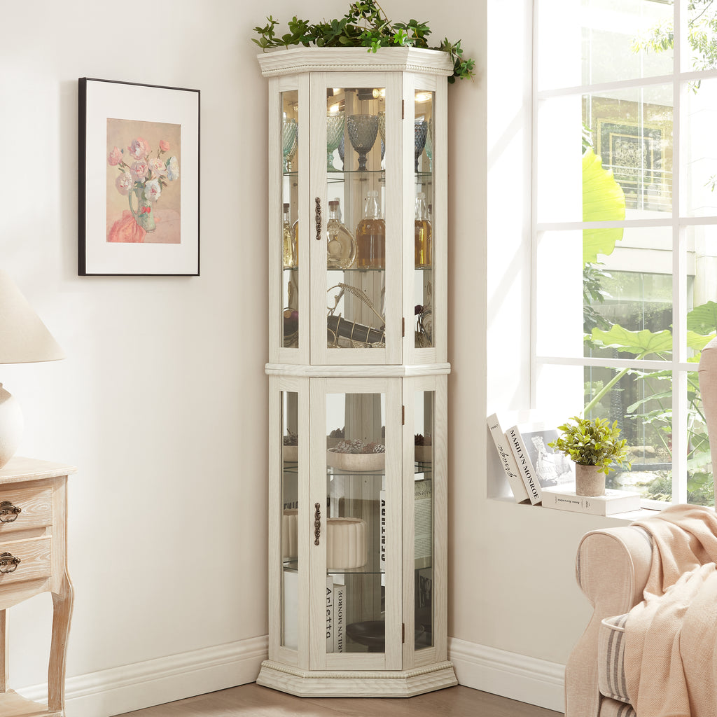 Lighted Corner Curio Cabinet Glass Display Shelf With Tempered Glass Doors Adjustable Shelving And Included Bead Bulb Ideal Bar Cabinet For Home Decor White - Home Decor & Storage | VELOURY LIVING