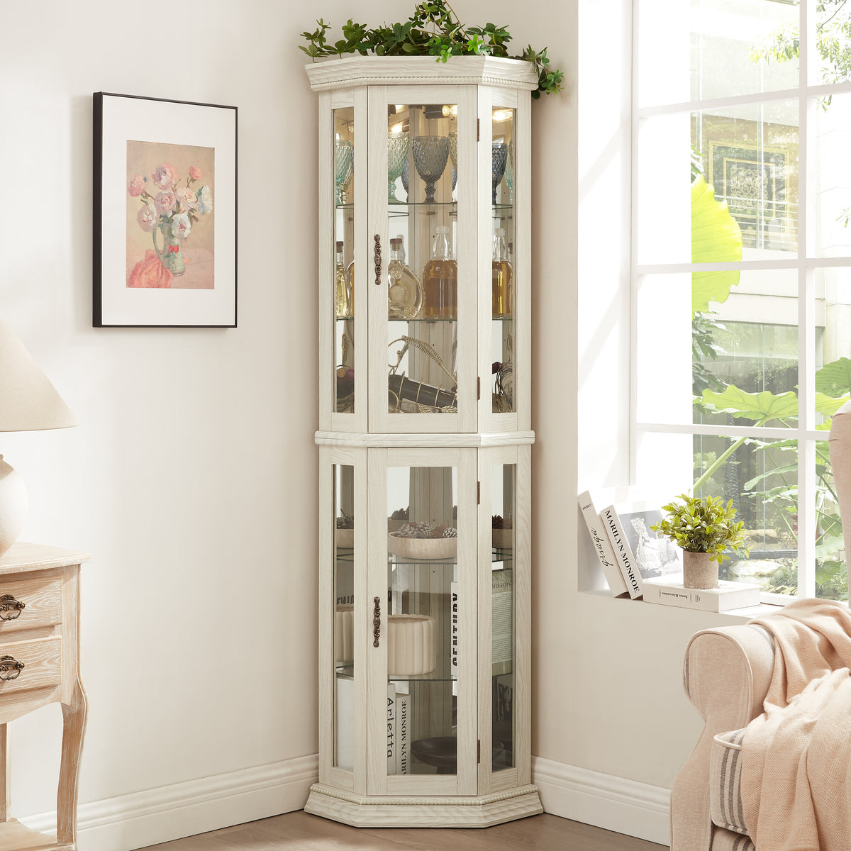 Lighted Corner Curio Cabinet Glass Display Shelf With Tempered Glass Doors Adjustable Shelving And Included Bead Bulb Ideal Bar Cabinet For Home Decor White - Home Decor & Storage | VELOURY LIVING