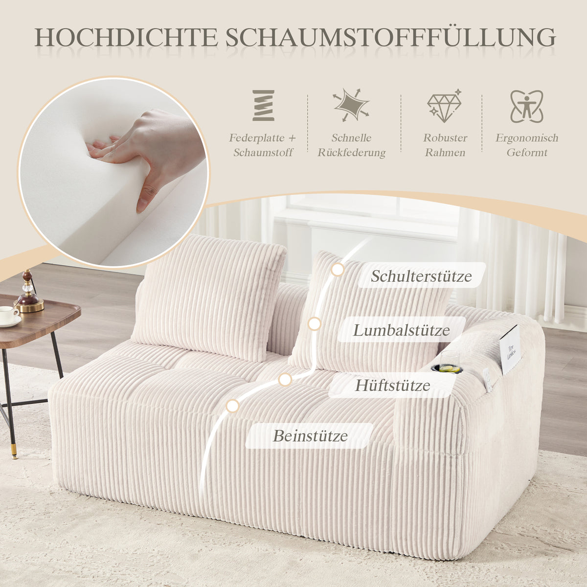 Cozy Corduroy Fabric Two Seater Sofa Without Assembly Soft Back Cushions Side Storage Pocket For Remote Control And Mobile Phone Integrated Cup Holder Neat And Aesthetic - Home Decor & Storage | VELOURY LIVING