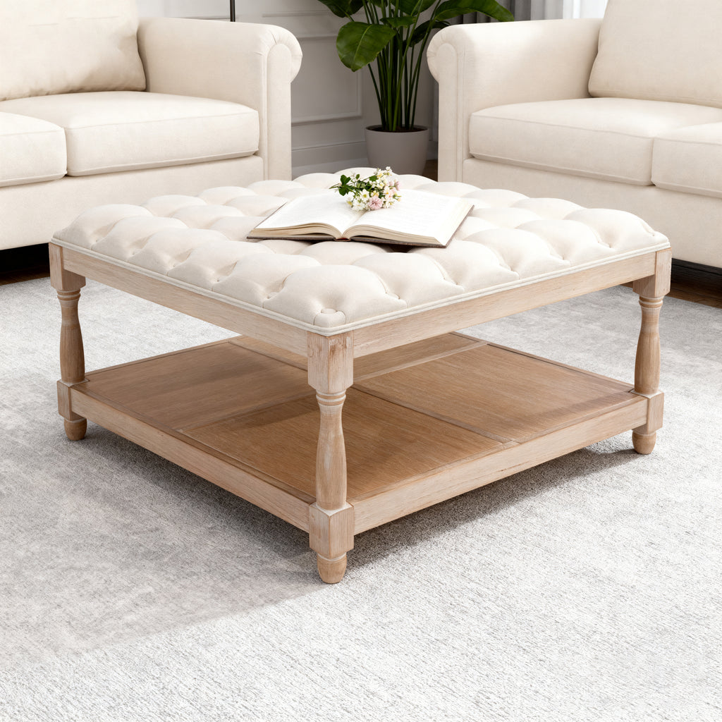 33 Inch Large Square Ottoman Coffee Tables For Living Room Tufted Upholstered Linen Ottoman With Storage Shelf And Solid Legs For Office Bedroom Farmhouse Beige - Home Decor & Storage | VELOURY LIVING