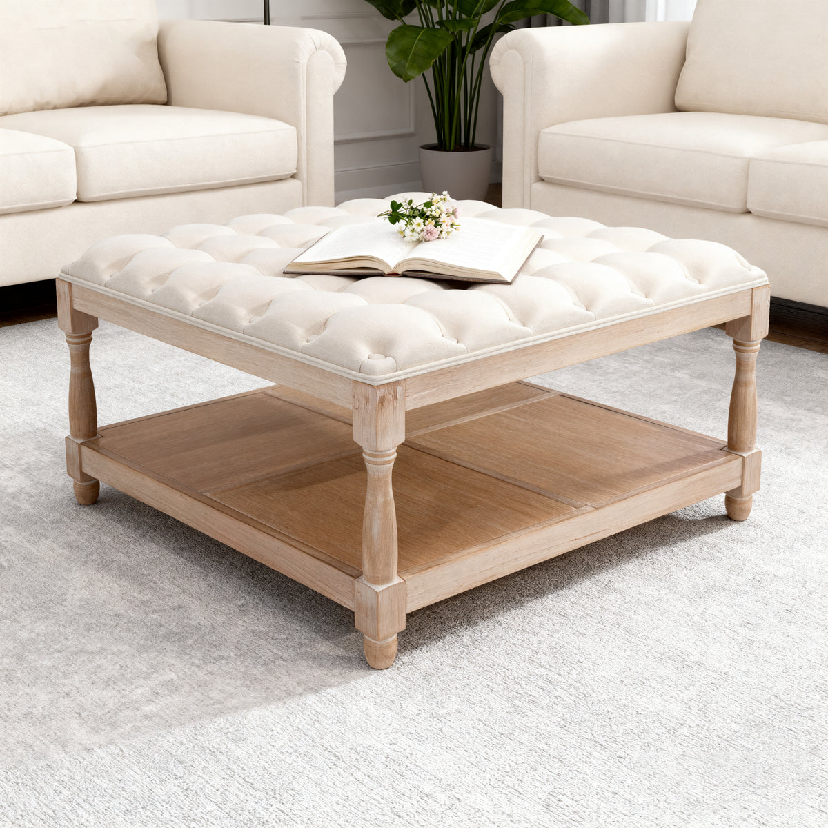 33 Inch Large Square Ottoman Coffee Tables For Living Room Tufted Upholstered Linen Ottoman With Storage Shelf And Solid Legs For Office Bedroom Farmhouse Beige - Home Decor & Storage | VELOURY LIVING