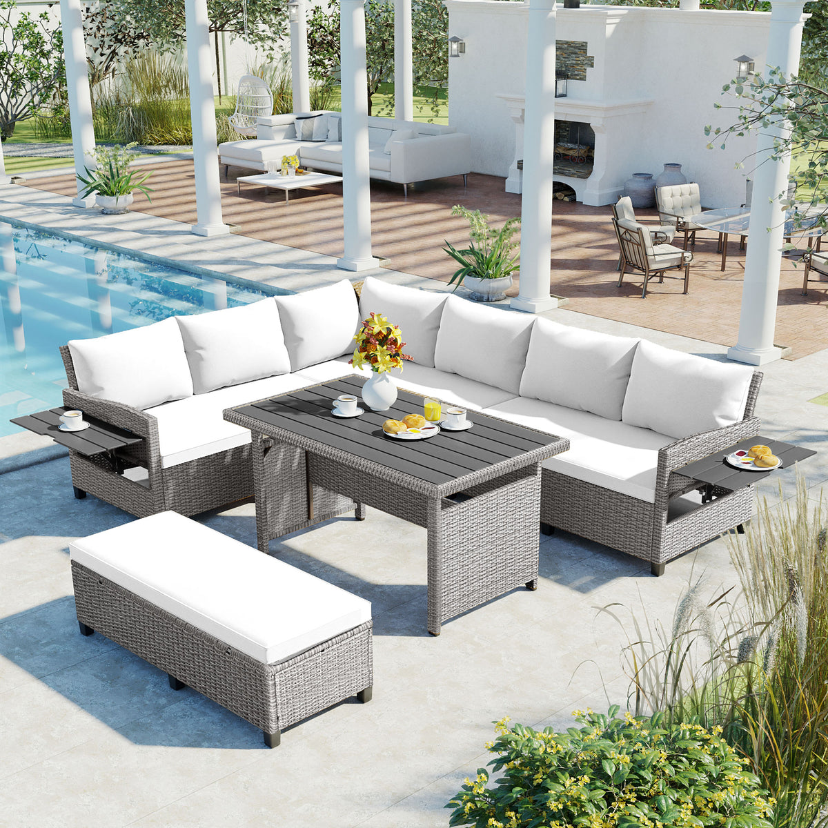 Tomax 5 Piece Outdoor Patio Rattan Sofa Set Sectional Pe Wicker L Shaped Garden Furniture Set With 2 Extendable Side Tables Dining Table And Washable Covers For Backyard Poolside Indoor White - Home Decor & Storage | VELOURY LIVING