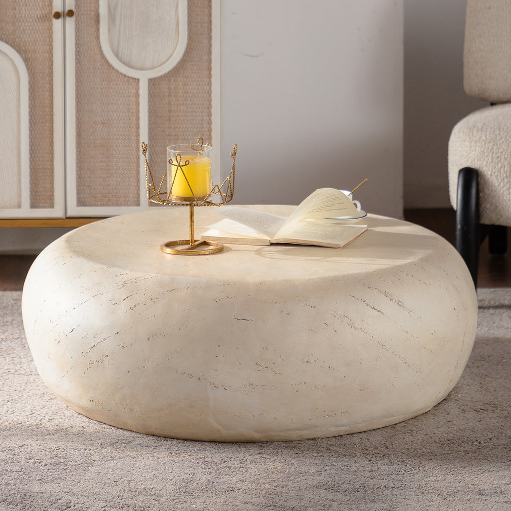 Mgo Mid Century Round Centre Coffee Table Vintage Faux Stone Sofa Pre Modern Coffee Tables Beige Coffee Table For Living Room Office Apartment - Home Decor & Storage | VELOURY LIVING