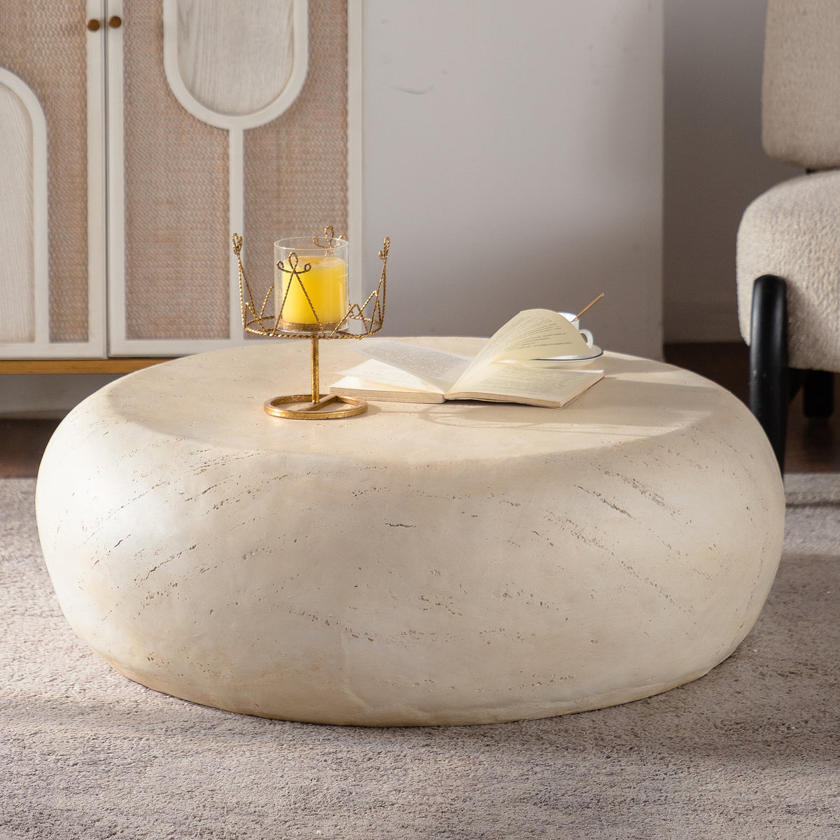 Mgo Mid Century Round Centre Coffee Table Vintage Faux Stone Sofa Pre Modern Coffee Tables Beige Coffee Table For Living Room Office Apartment - Home Decor & Storage | VELOURY LIVING