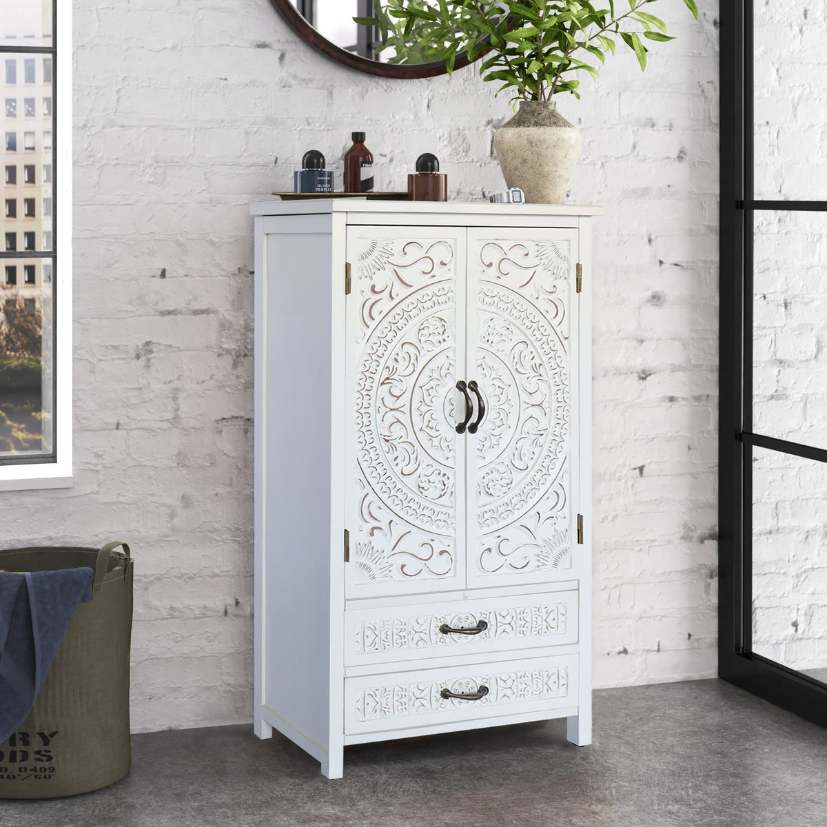 27 Accent Tall Tower White Storage Cabinet Rustic Wood Sideboard Pantry Cabinet Versatile Buffet Cabinet With Storage For Home Decor And Organization Chic Cabinet With Two Doors And Two Drawers - Home Decor & Storage | VELOURY LIVING