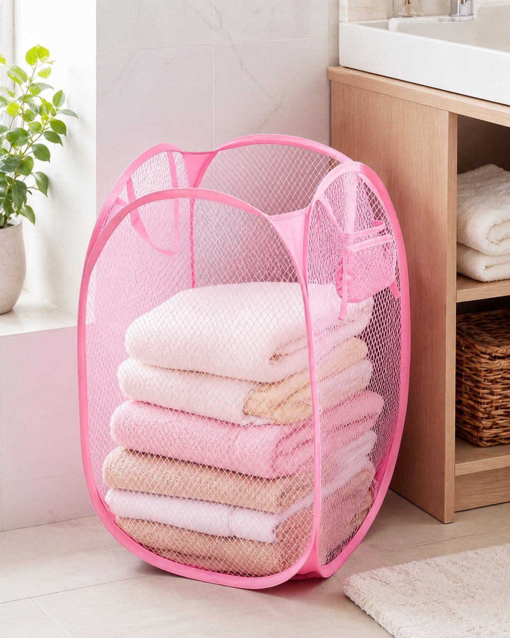 Pink Collapsible Mesh Pop-Up Laundry Hamper with Carry Handles