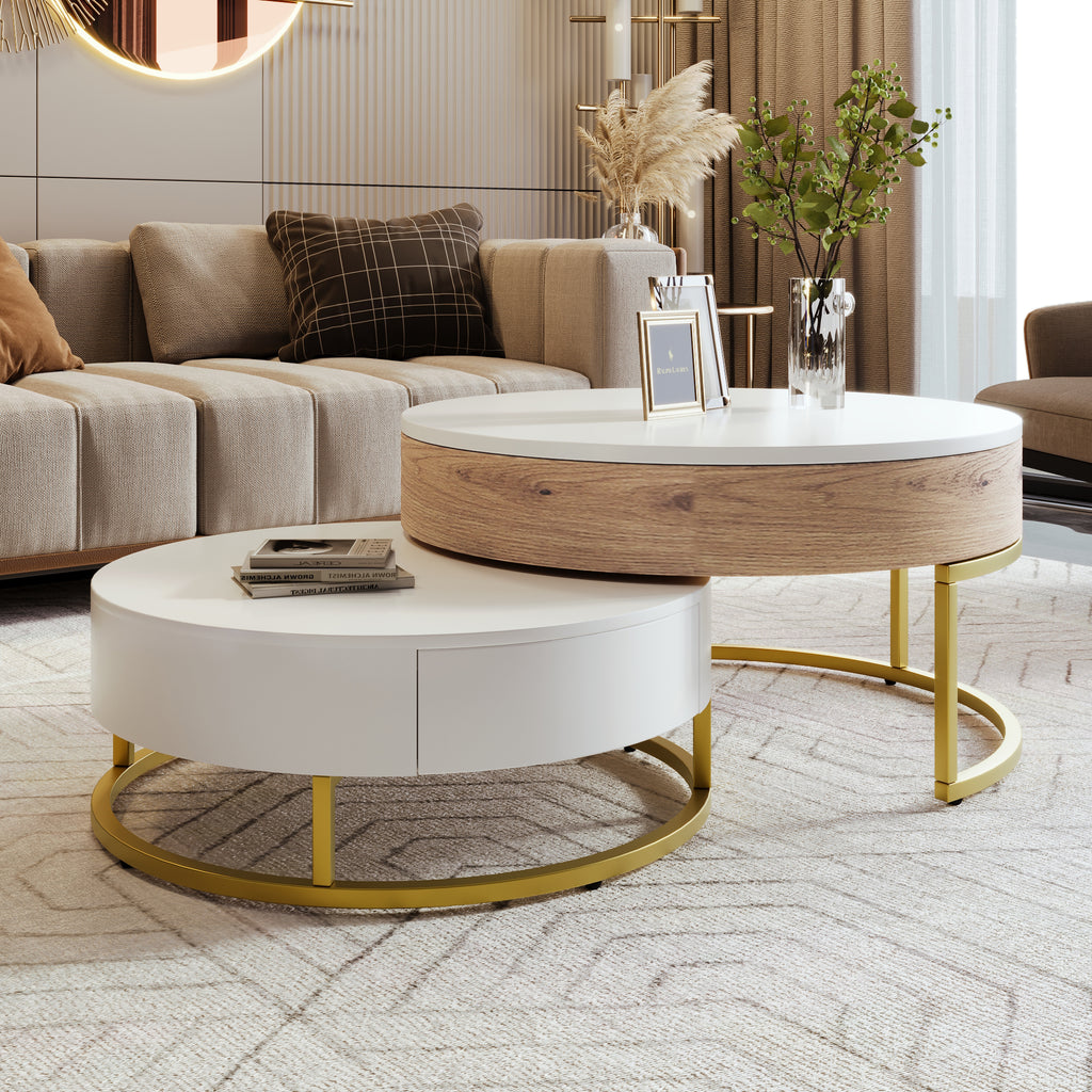 Modern Round Lift Top Nesting Coffee Tables With 2 Drawers White Natural - Home Decor & Storage | VELOURY LIVING