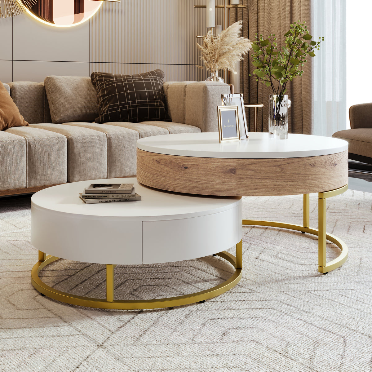 Modern Round Lift Top Nesting Coffee Tables With 2 Drawers White Natural - Home Decor & Storage | VELOURY LIVING