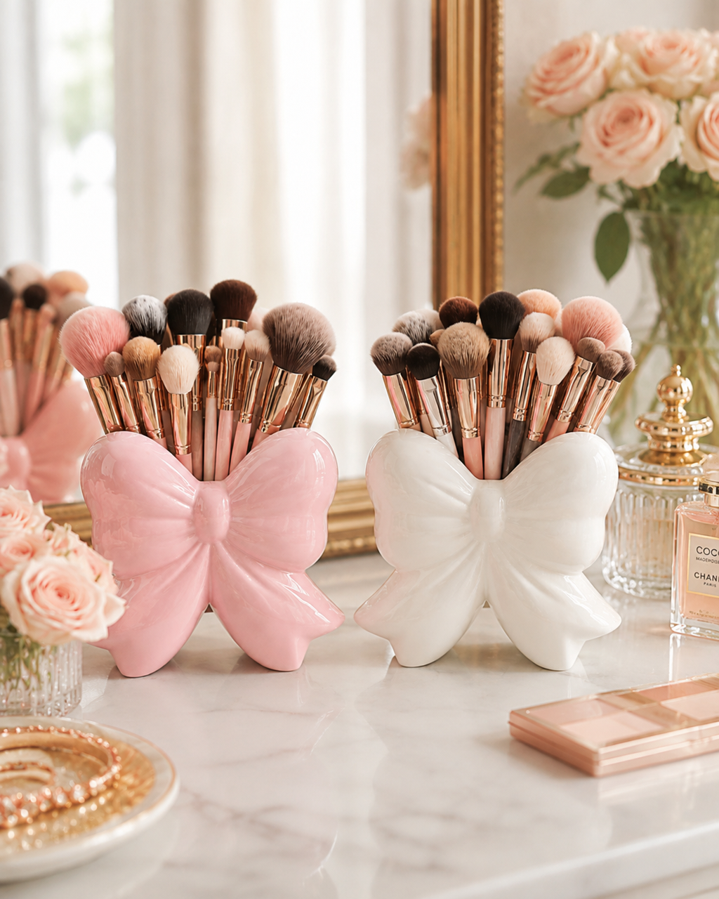 Bow-Shaped Makeup Brush Holder – Decorative Vanity Organizer, Pink or White