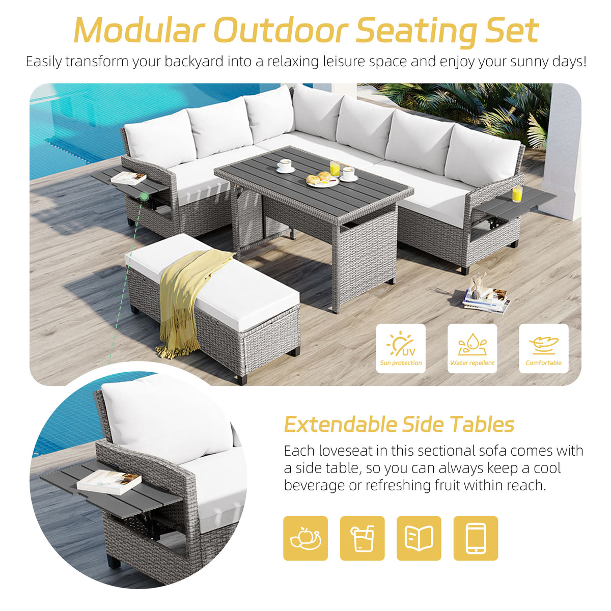 Tomax 5 Piece Outdoor Patio Rattan Sofa Set Sectional Pe Wicker L Shaped Garden Furniture Set With 2 Extendable Side Tables Dining Table And Washable Covers For Backyard Poolside Indoor White - Home Decor & Storage | VELOURY LIVING