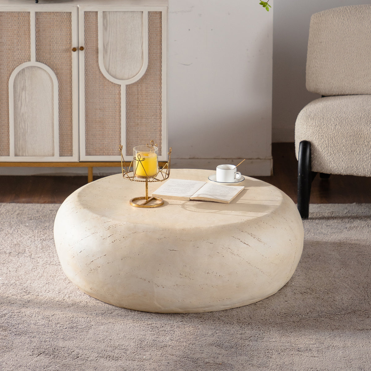 Mgo Mid Century Round Centre Coffee Table Vintage Faux Stone Sofa Pre Modern Coffee Tables Beige Coffee Table For Living Room Office Apartment - Home Decor & Storage | VELOURY LIVING