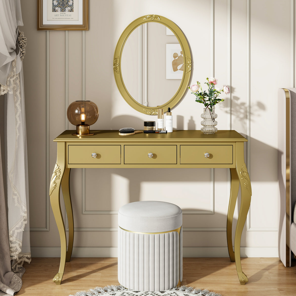 Luxury Makeup Vanity Desk With Oval Mirror 3 Drawer Dressing Table For Jewelry Storage Elegant Console Table For Entryway Living Room Bedroom Stylish Home Decor Gold - Home Decor & Storage | VELOURY LIVING