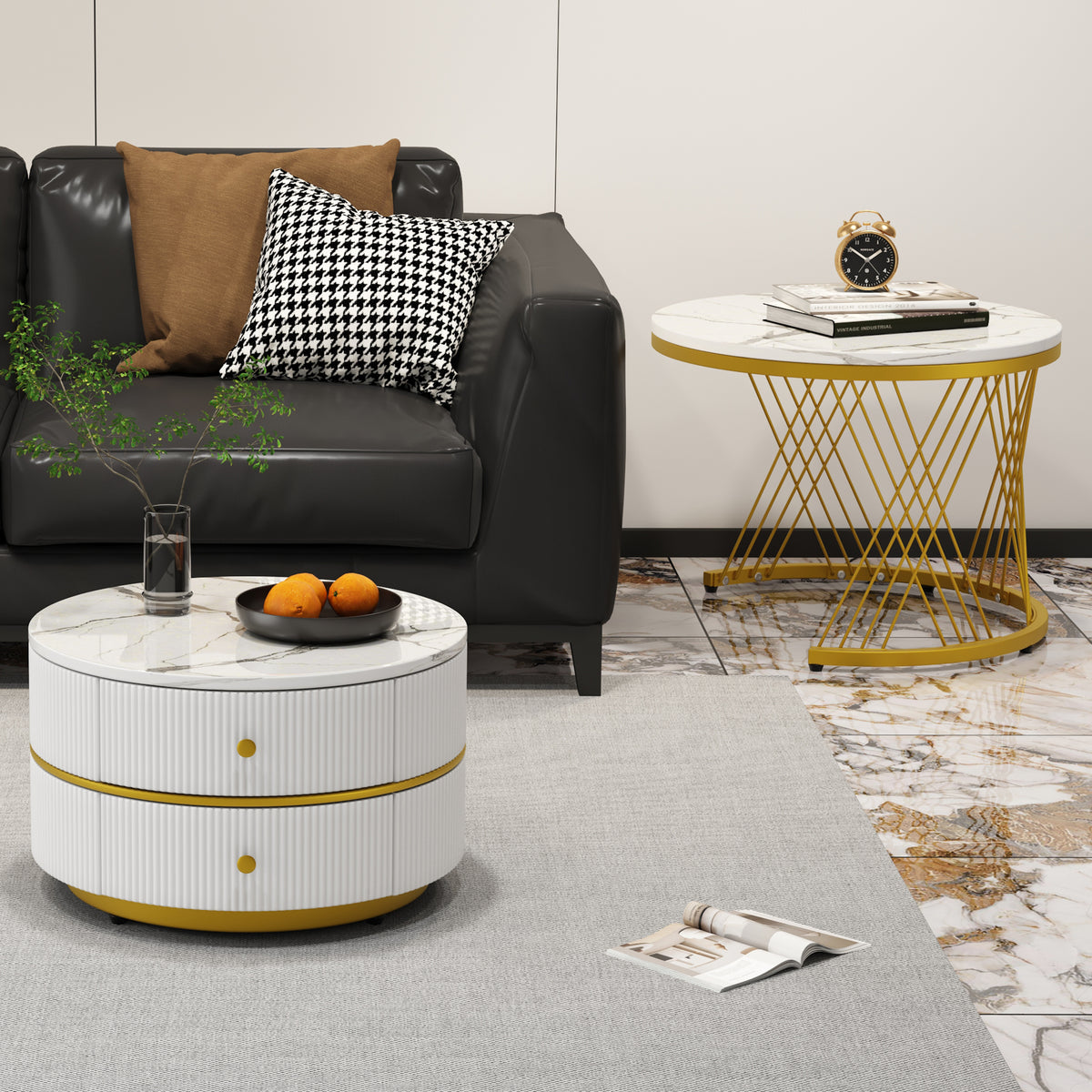 Elegant 2 Piece White Nest Shaped Coffee Table Set 60X60X46Cm 50X50X30 8Cm Round Tables With High Gloss Marble Look 2 Drawers Can Hold Up To 30Kg Nesting Combination Coffee Table - Home Decor & Storage | VELOURY LIVING