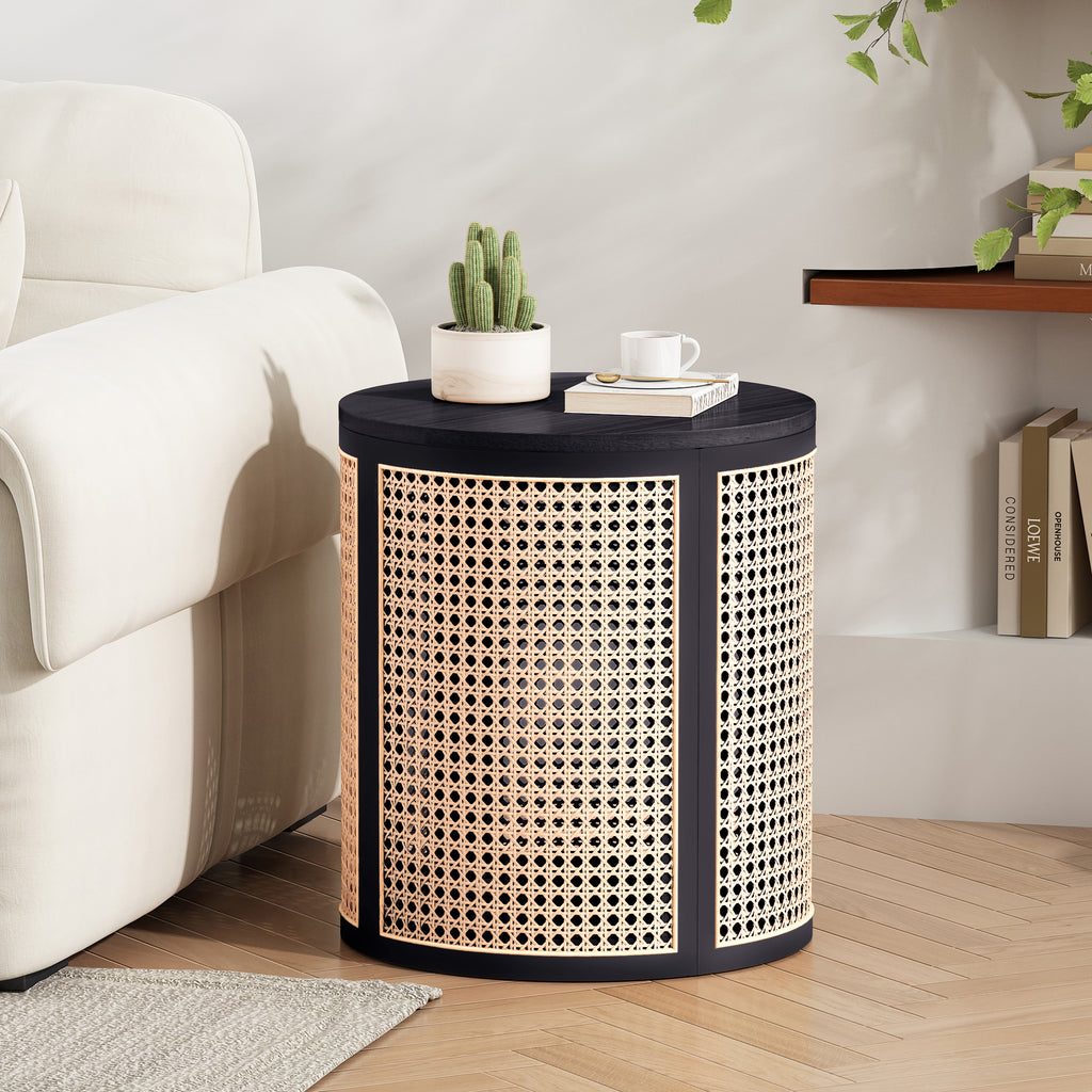 15 70 Round End Table Hollow Woven Side Table Small Rubber Wood Nightstand Rattan Woven Tea Desk Round Wood Tabletop Chic Home Decor Desk Easy Assembly Black Color - Home Decor & Storage | VELOURY LIVING