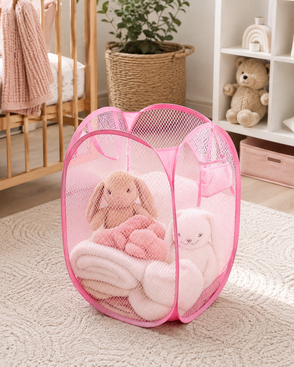 Pink Collapsible Mesh Pop-Up Laundry Hamper with Carry Handles