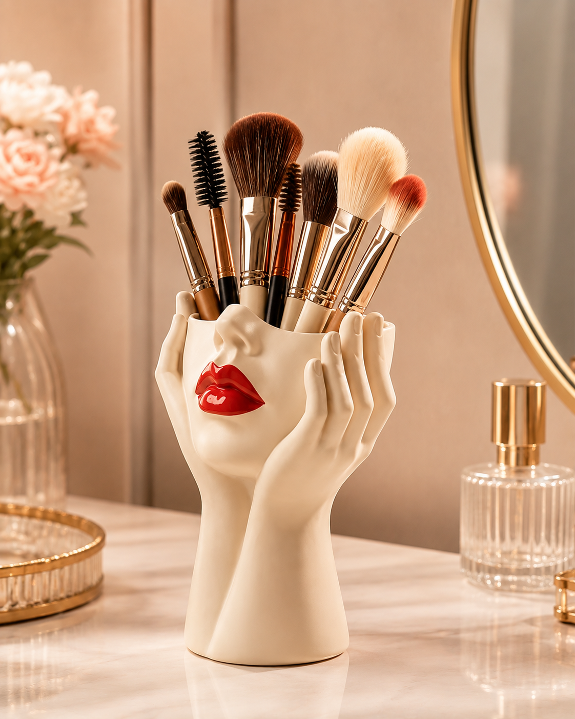 Sculptural Face Makeup Brush Holder – Decorative Vanity Organizer with Red Lips