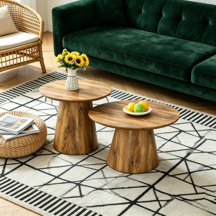 Coffee Table Set In Natural Wood Look Mdf 2 Round Stool Side Tables High 50X48 Cm Low 60X35 Cm Natural Grain Stable Base Suitable For Living Room Lounge Area - Home Decor & Storage | VELOURY LIVING