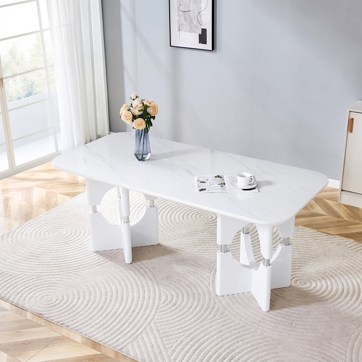 Modern Mdf Dining Table With White Marble Pattern Stylish Metal Hollow Frame Suitable For Compact Dining Tables In Small Space Homes Apartments - Home Decor & Storage | VELOURY LIVING