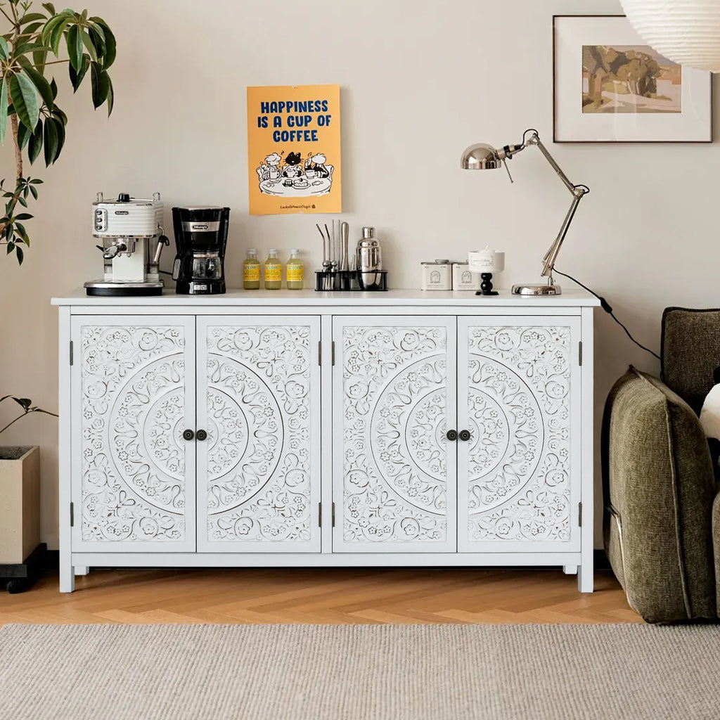 60 White Accent Cabinet With 4 Doors Rustic Wood Sideboard Pantry Cabinet Versatile Buffet Cabinet With Storage For Home Decor And Organization Chic Cabinet - Home Decor & Storage | VELOURY LIVING
