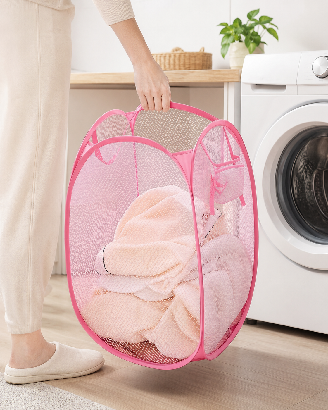 Pink Collapsible Mesh Pop-Up Laundry Hamper with Carry Handles