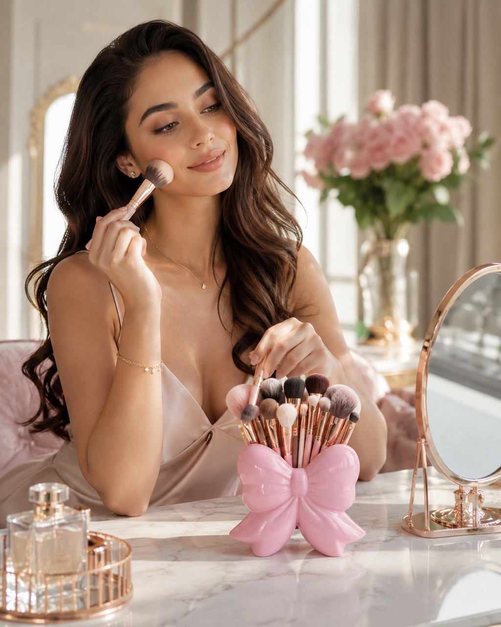 Bow-Shaped Makeup Brush Holder – Decorative Vanity Organizer, Pink or White