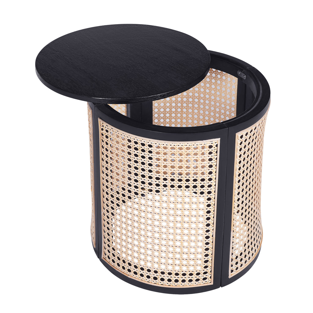 15 70 Round End Table Hollow Woven Side Table Small Rubber Wood Nightstand Rattan Woven Tea Desk Round Wood Tabletop Chic Home Decor Desk Easy Assembly Black Color - Home Decor & Storage | VELOURY LIVING