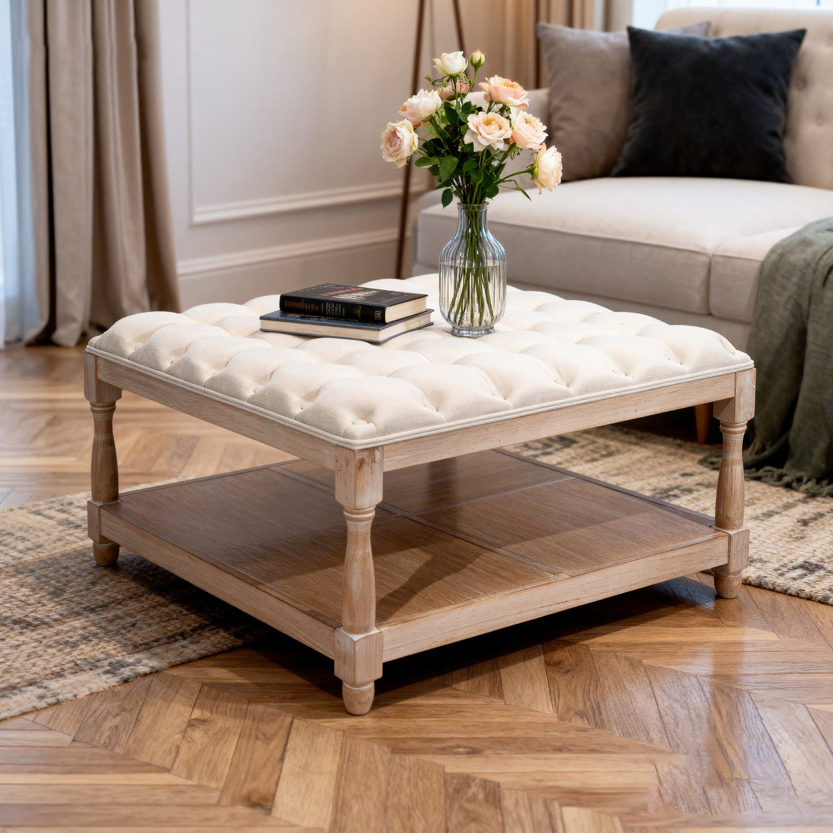 33 Inch Large Square Ottoman Coffee Tables For Living Room Tufted Upholstered Linen Ottoman With Storage Shelf And Solid Legs For Office Bedroom Farmhouse Beige - Home Decor & Storage | VELOURY LIVING