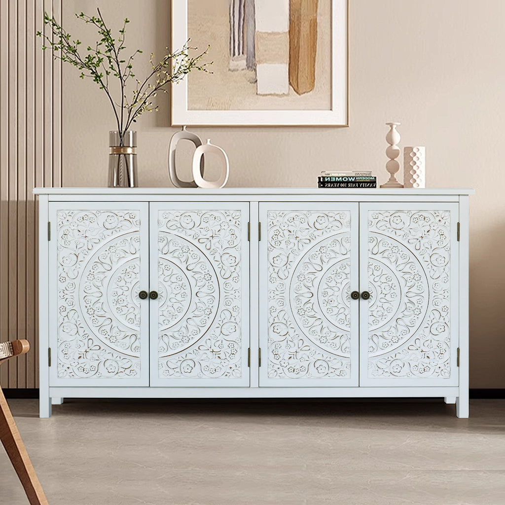 60 White Accent Cabinet With 4 Doors Rustic Wood Sideboard Pantry Cabinet Versatile Buffet Cabinet With Storage For Home Decor And Organization Chic Cabinet - Home Decor & Storage | VELOURY LIVING