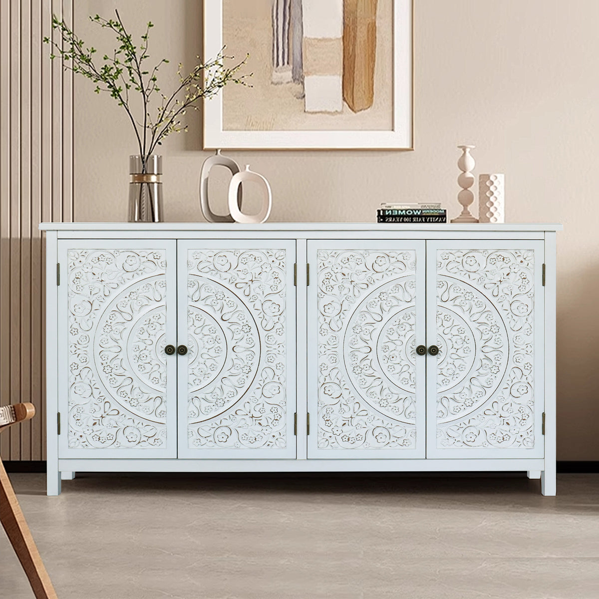 60 White Accent Cabinet With 4 Doors Rustic Wood Sideboard Pantry Cabinet Versatile Buffet Cabinet With Storage For Home Decor And Organization Chic Cabinet - Home Decor & Storage | VELOURY LIVING