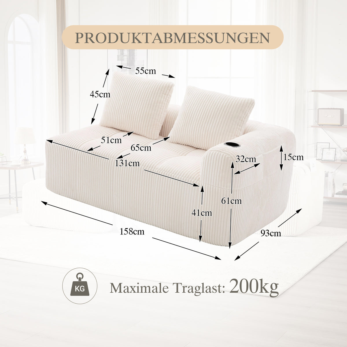 Cozy Corduroy Fabric Two Seater Sofa Without Assembly Soft Back Cushions Side Storage Pocket For Remote Control And Mobile Phone Integrated Cup Holder Neat And Aesthetic - Home Decor & Storage | VELOURY LIVING