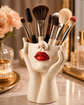 Sculptural Face Makeup Brush Holder – Decorative Vanity Organizer with Red Lips