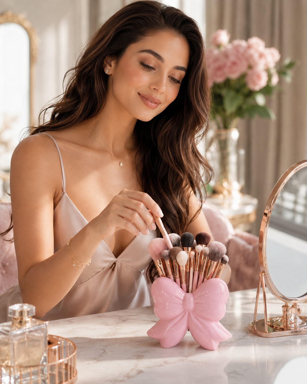 Bow-Shaped Makeup Brush Holder – Decorative Vanity Organizer, Pink or White