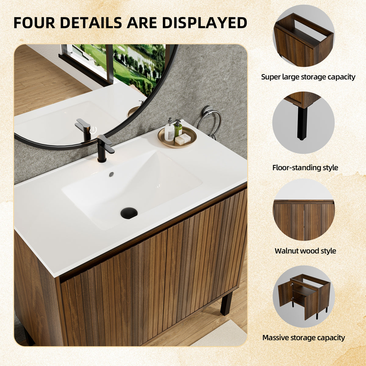 36 Inch Bathroom Vanity With Sink Floor Standing Structure For Stability Soft Closing Drawers For Noiseless Operation Sleek Oak Finish For Modern Aesthetic White Sink - Home Decor & Storage | VELOURY LIVING