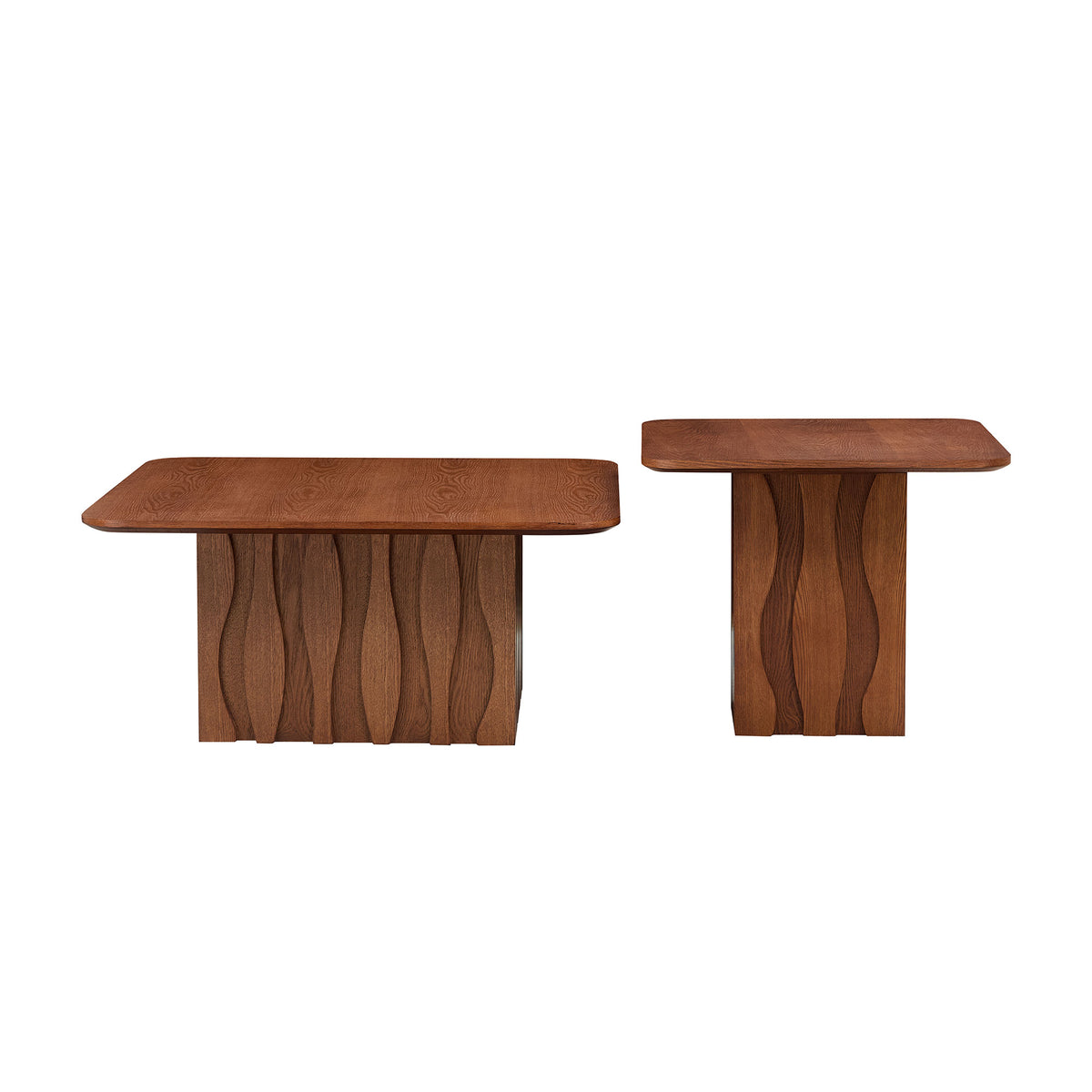 2Pcs Nesting Square Coffee Table Set For Living Room Mid Century Wavy Fluted Base Tables End Side Tables For Leisure Area Office Brown - Home Decor & Storage | VELOURY LIVING