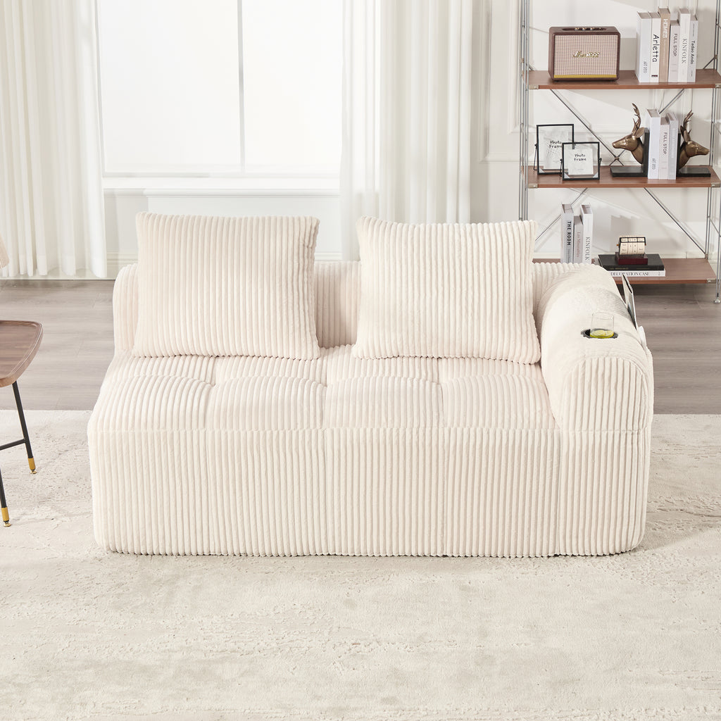 Cozy Corduroy Fabric Two Seater Sofa Without Assembly Soft Back Cushions Side Storage Pocket For Remote Control And Mobile Phone Integrated Cup Holder Neat And Aesthetic - Home Decor & Storage | VELOURY LIVING