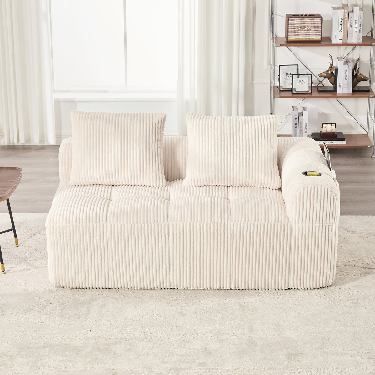 Cozy Corduroy Fabric Two Seater Sofa Without Assembly Soft Back Cushions Side Storage Pocket For Remote Control And Mobile Phone Integrated Cup Holder Neat And Aesthetic - Home Decor & Storage | VELOURY LIVING