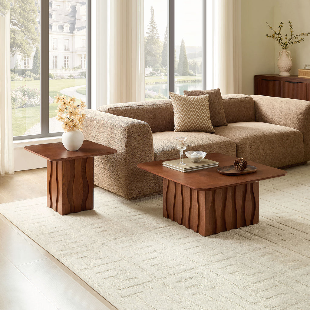 2Pcs Nesting Square Coffee Table Set For Living Room Mid Century Wavy Fluted Base Tables End Side Tables For Leisure Area Office Brown - Home Decor & Storage | VELOURY LIVING